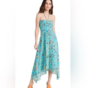 A.L.C. VIOLET BLUE TEAL SILK PRINTED HALTER SLEEVELESS ASYMMETRIC Size 2